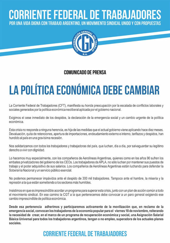 El 18/11 nos movilizamos con la CFT