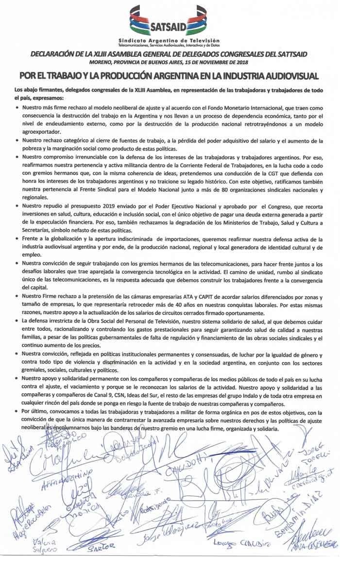 Declaración de la XLIII Asamblea General de Delegados Congresales del SATSAID