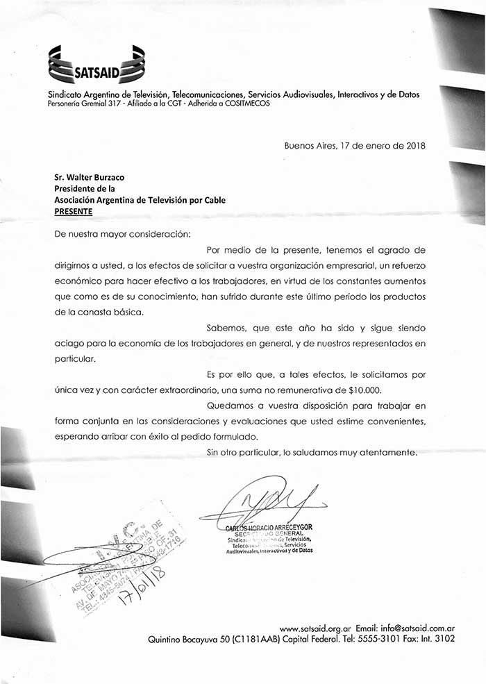 Pedido de refuerzo salarial a la Cámara de Circuitos Cerrados