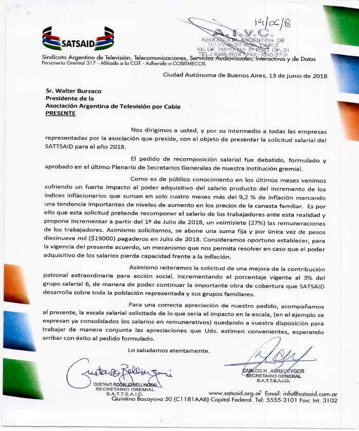 Pedido salarial a ATVC