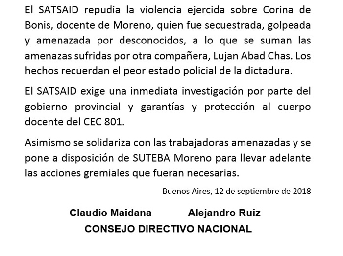 Repudiamos la agresión a la docente Corina de Bonis