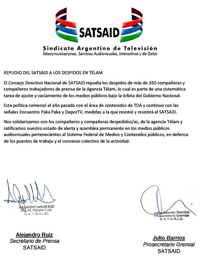 Repudio del SATSAID a los despidos en Télam