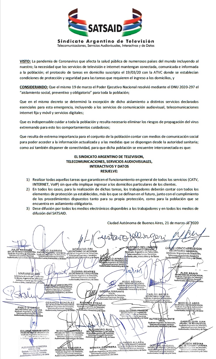 CIRCUITOS CERRADOS: SATSAID RESOLVIÓ CONTINUAR PRESTANDO SERVICIOS SIN INGRESO A LOS DOMICILIOS