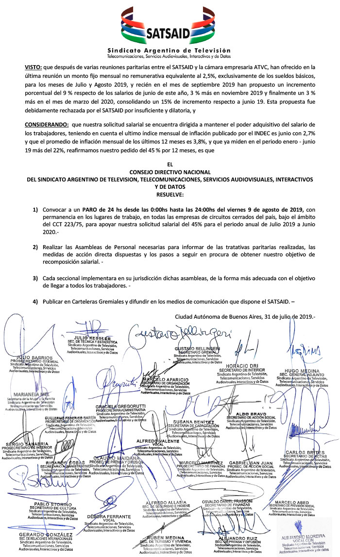 9 DE AGOSTO PARO NACIONAL EN CIRCUITOS CERRADOS