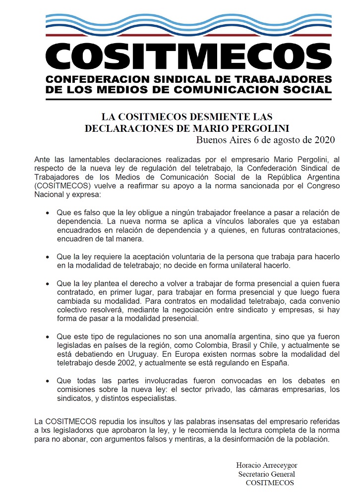 LA COSITMECOS DESMIENTE LAS DECLARACIONES DE MARIO PERGOLINI