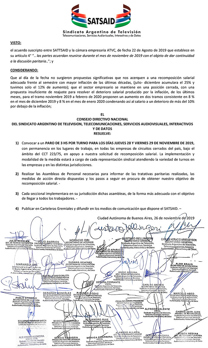 SATSAID CONVOCA AL PARO EN CIRCUITOS CERRADOS