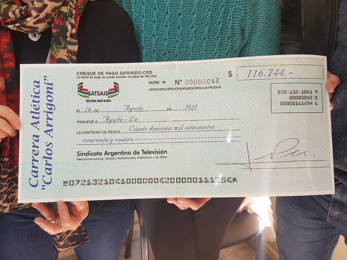 Se donaron los fondos recaudados de la carrera “Carlos Arrigoni” en Bahia Blanca