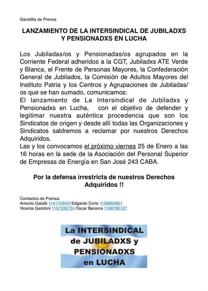 Se lanza la Intersindical de Jubiladxs y Pensionadxs en Lucha