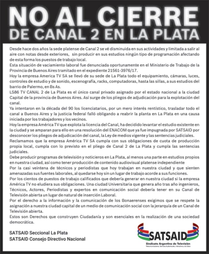 Solicitada publicada en el Diario “El Día” de La Plata