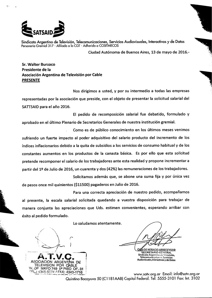 Solicitud salarial ATVC, ATA y CAPIT para 2016
