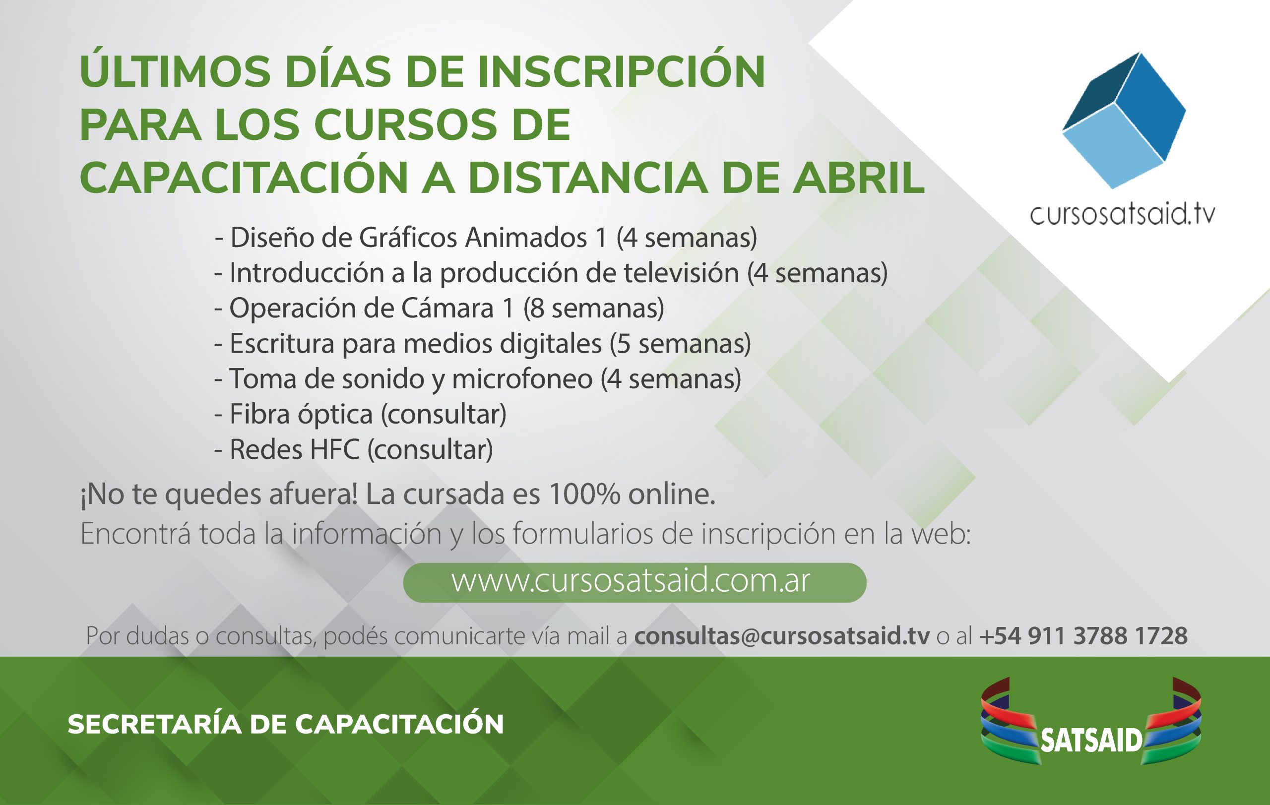 ÚLTIMOS DÍAS DE INSCRIPCIÓN PARA LOS CURSOS DE CAPACITACIÓN A DISTANCIA DE ABRIL  